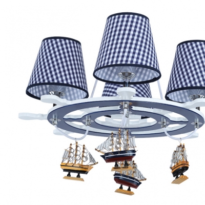 Checkered Design Chandelier with Sailboat Boys Bedroom Fabric Shade 4 Lights Hanging Lamp in Chrome