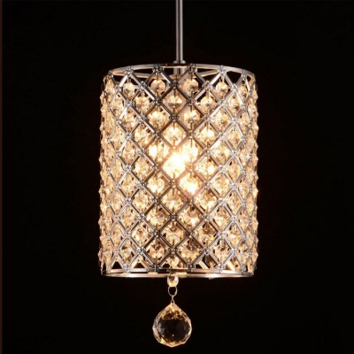 Chrome Cylinder Suspended Lamp Modern Fashion Crystal Single Head Art Deco Hanging Light