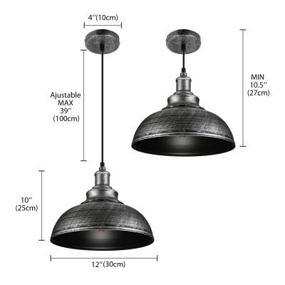Industrial Pendant Light with Antique Silver and Black Metal in Dome