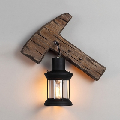 

Lantern Style Lighting Fixture with Wood Base Industrial 1 Light Wall Mount Light in Black for Staircase, HL499146