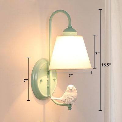 Light Green Curved Arm Wall Lamp with Bird Rustic Style Fabric Single Head Wall Sconce