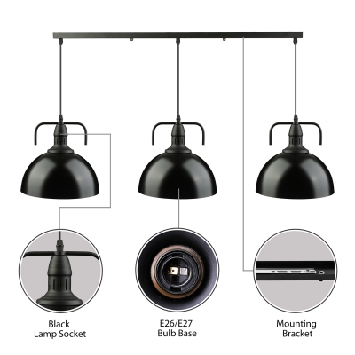 Loft Dome Shape 3 Light LED Multi Light Pendant in Black Finish