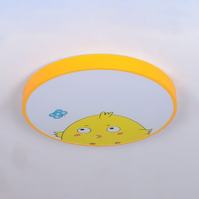 Metal Round Shade Flushmount with Adorable Chick Design Nursing Room LED Ceiling Fixture in Yellow