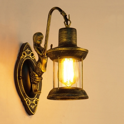 Retro Style Lantern Wall Sconce Glass Shade 1 Bulb Wall Mount Fixture in Antique Brass for Hallway