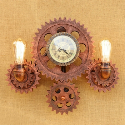 Rust Finish Gear Sconce Light Vintage Metallic 2 Lights Wall Lighting with Clock for Sitting Room