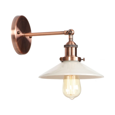 Single Light Armed Wall Light with White Glass Shade Industrial Decorative Sconce Lighting in Copper