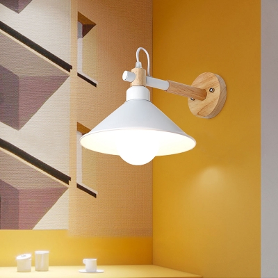 White Conical Shade Wall Light with Wooden Base Simplicity 1 Head Sconce Light for Bedroom