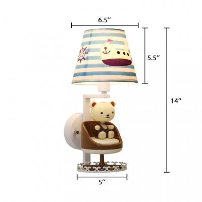 White Finish Strips Design Table Lamp with Cute Bear Fabric Shade 1 Head Standing Table Light for Kids