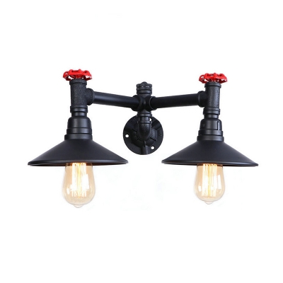 2 Lights Shallow Round Sconce Light with Red Valve Industrial Metallic Wall Mount Light