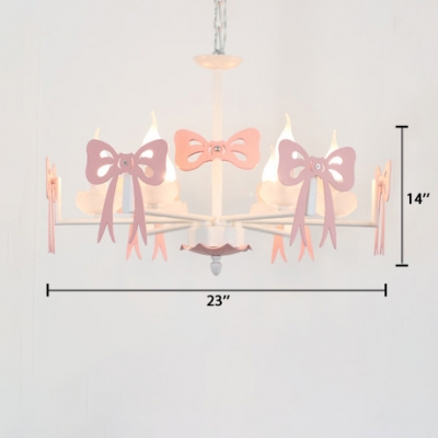 Candle Style Hanging Light with Bowknot Girls Bedroom Metallic 3/6 Lights Chandelier in Gray/Pink