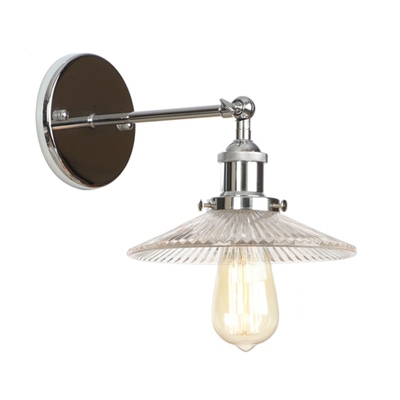 Chrome Finish Armed Sconce Light with Ribbed Glass Shade Industrial 1 Bulb Wall Lighting for Bar