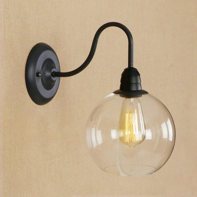 Clear Glass Global Shade Wall Light Industrial Retro 1 Light Sconce Light in Black with Gooseneck