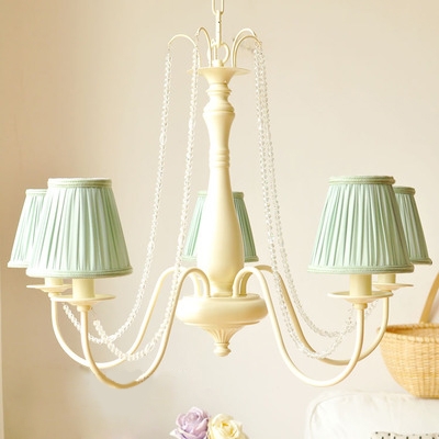 Conical Suspension Light with Gathered Fabric Lampshade Vintage 5 Lights Hanging Lamp in Beige