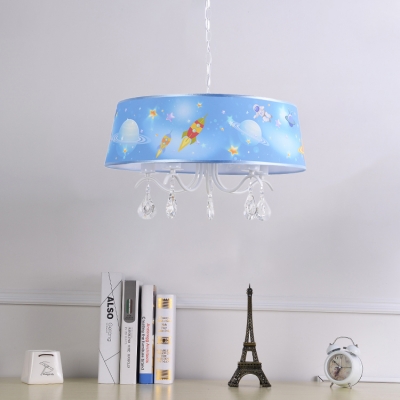 Drum 3/5 Lights Chandelier with Crystal Astronomy&Space White Finish Metal Hanging Lamp for Boys Girls Room