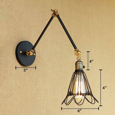 Flared Metal Caged Wall Lamp Retro Style Adjustable 1 Light Wall Sconce in Bronze for Coffee Shop