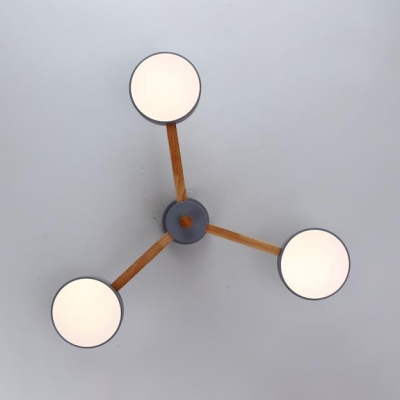 Gray Branching Chandelier with Round Shade Wooden 3/6 Lights Semi Flush Mount for Living Room