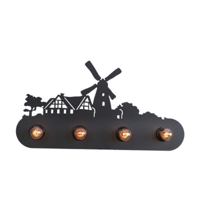 Metal Windmill Design Wall Lamp Rustic Style 4 Bulbs Wall Light Fixture in Black for Coffee Shop