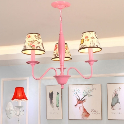 Pink Finish Conical Suspended Light Vintage Fabric Shade 3/6 Lights Accent Chandelier Lamp