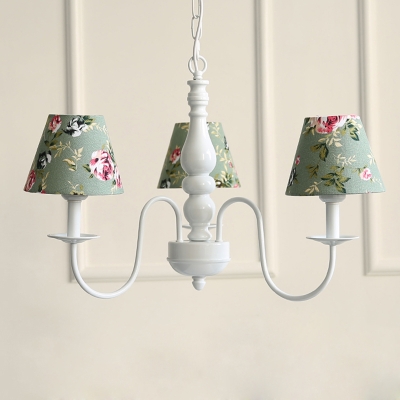 Retro Style Tapered Chandelier with Flower Pattern Green Fabric Shade 3 Heads Suspended Light