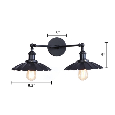 Shallow Round Shade Sconce Light Industrial Iron 2 Lights Lighting Fixture in Black Finish