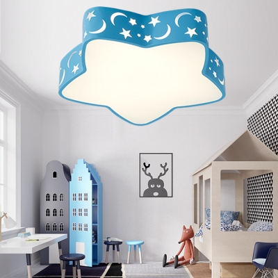 Star Shade LED Flush Light Macaron Modern Boys Girls Bedroom Blue/Pink Metal Ceiling Light