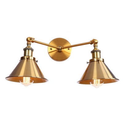 Vintage Conical Wall Mount Fixture Steel 2 Bulbs Wall Sconce in Brass Finish for Bedside
