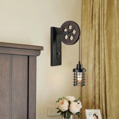 Vintage Wall Lamp with Wheel Arm and Cylinder Shade, Black