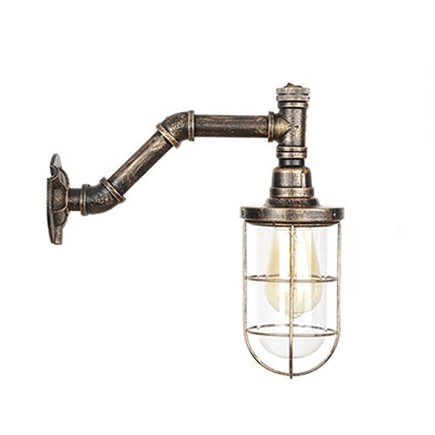 Water Pipe Wall Light with Metal Cage Industrial 1 Light Sconce Light in Antique Bronze