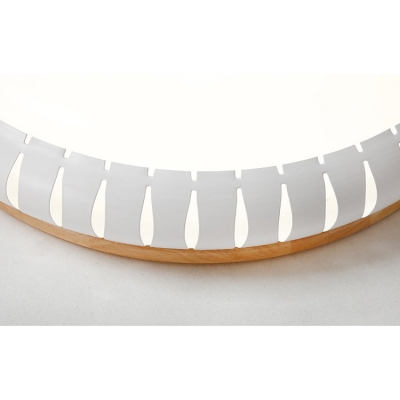 White Drum Shade Ceiling Fixture Contemporary Wooden Base LED Flush Mount Light for Hallway