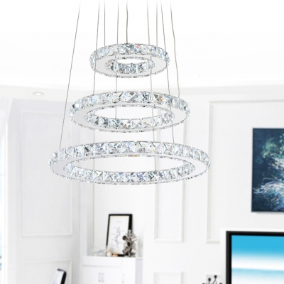 3-Tier Circular Ring Lighting Fixture Modern Crystal Hanging Light in Silver for Living Room