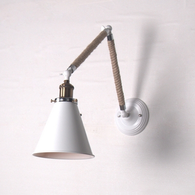 Arm Adjustable Wall Light with White Cone Shade Lodge Style Rope Single Head Wall Lamp