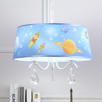 Drum 3/5 Lights Chandelier with Crystal Astronomy&Space White Finish Metal Hanging Lamp for Boys Girls Room