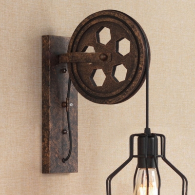 Metal Frame Suspender Wall Light with Wheel Decoration Industrial Retro Style 1 Bulb Wall Lamp in Black