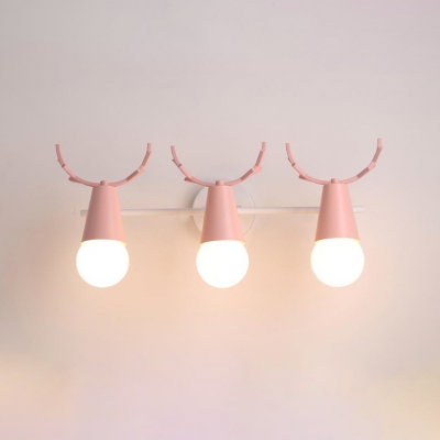 Metal Linear Wall Lighting with Antler Decoration Macaron Colorful Foyer Corridor Triple Head Sconce Light