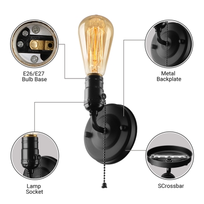 Open Bulb Mini Sconce Lighting Retro Metallic 1 Head Pull Chain Wall Light in Black/Bronze/Brass/Chrome
