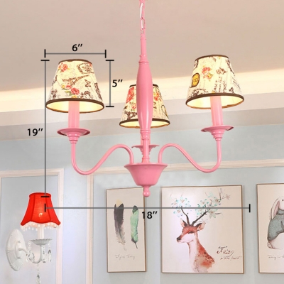 Pink Finish Conical Suspended Light Vintage Fabric Shade 3/6 Lights Accent Chandelier Lamp