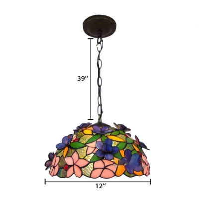 Spring Garden Tiffany-Style Ceiling Pendant Fixture with Colorful Flower and Butterfly Glass Shade, 12-Inch Wide