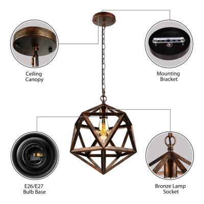 Vintage Hexagram Metal Cage Pendant Light in Black Finish Industrial 1 Light Hanging Lamp for Restaurant Kitchen Cafe