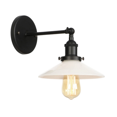 White Glass Flared Wall Sconce Industrial Modern 1 Light Wall Light Fixture in Black for Coffee Shop