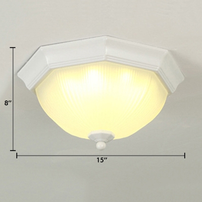 White Octagon LED Ceiling Lamp with Bowl Shade Vintage Ribbed Glass Flush Light for Balcony
