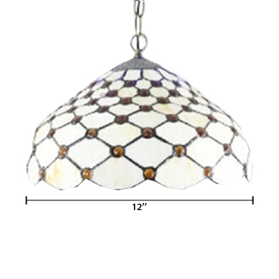 White Tiffany-Style Ceiling Pendant Fixture 12-Inch Glass Shade in Dome Shaped