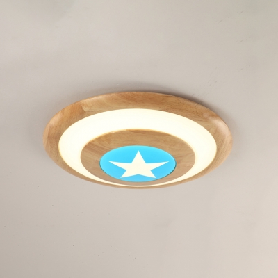 Wooden Bowl Shape Flush Light with Star Design Children Bedroom LED Ceiling Fixture in Blue/Pink