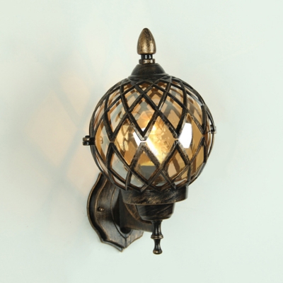 1 Bulb Metal Cage Sconce Light with Globe Glass Shade Industrial Lighting Fixture in Antique Brass