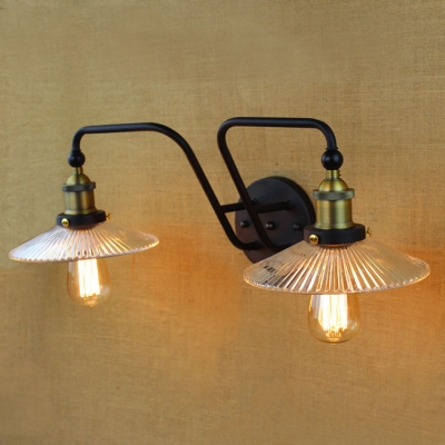 2 Heads Scalloped Sconce Light Industrial Metallic Wall Light Fixture in Aged Brass for Staircase