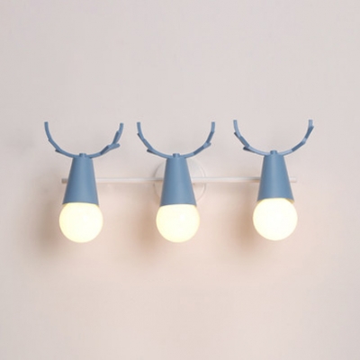 3 Heads Bare Bulb Wall Light with Antler Baby Kids Room Rotatable Metallic Wall Sconce in Blue/Gray