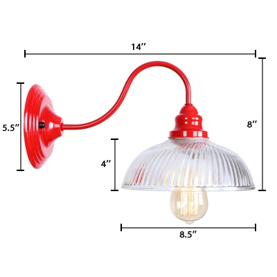 Dome Wall Lighting with Curved Arm Loft Style Ribbed Glass 1 Bulb Wall Mount Light in Red