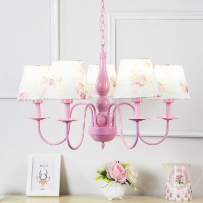 Flower Pattern Chandelier Light with Coolie Fabric Shade Rustic Style 5 Heads Hanging Light in Pink