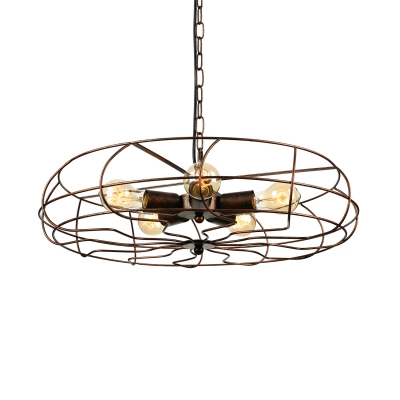 Industrial Fan LED Pendant Light Suspension in Wrought Iron Style, Five-light