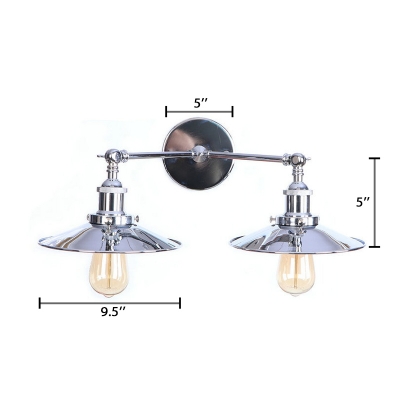 Industrial Flared Wall Mount Fixture Steel 2 Lights Wall Lighting in Chrome Finish for Warehouse