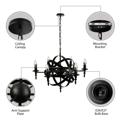 Industrial LED Orb Chandelier with Globe Wire Guard in Matte Black 26'' Wide 6 Light